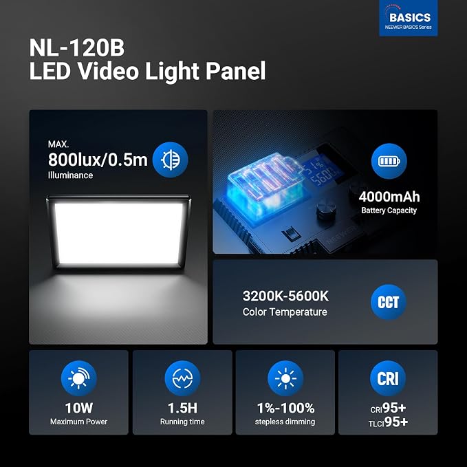 NEEWER Basics 9" LED Light Panel with Desk Tripod Stand, Edge Lit, NL-120B | 3200K-5600K Dimmable, Camera Soft Key Lighting, CRI95+ 800Lux, 4000mAh Rechargeable, Photography Video Recording Streaming - Image 2