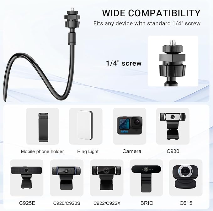 Flexible Webcam Stand Mount for Desk, Gooseneck Webcam Tripod with Clamp, Desktop Phone Holder & Table Top Tripod Compatible with Action Camera Gopro C922 C930e C920S C920 C615 C960 C920x Brio - Image 4
