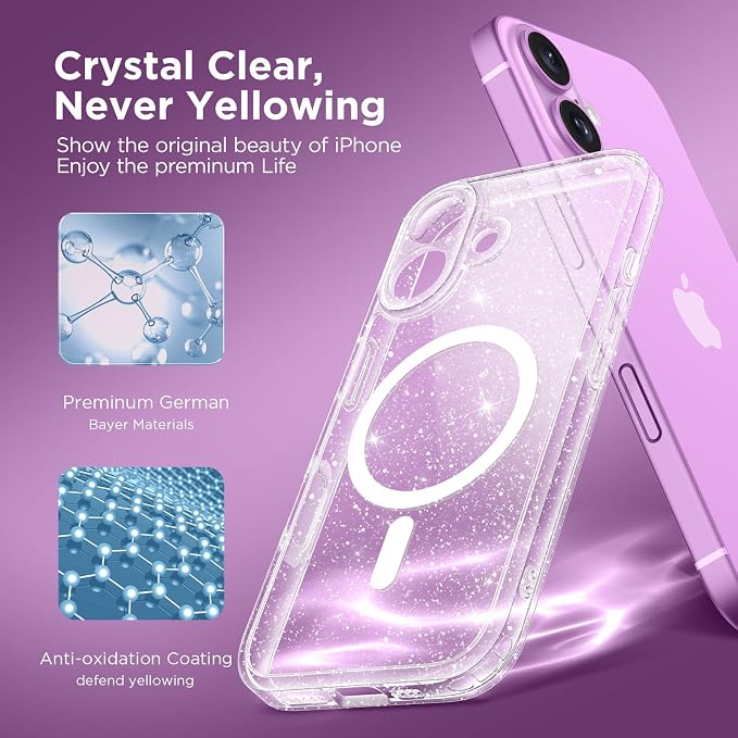 CAPRARO for iPhone 16 Case, Compatible with MagSafe Clear Glitter | Upgraded [Full Camera Protection] Protective Translucent Matte Women Girl Magnetic Phone Case Cover, Clear Glitter - Image 7
