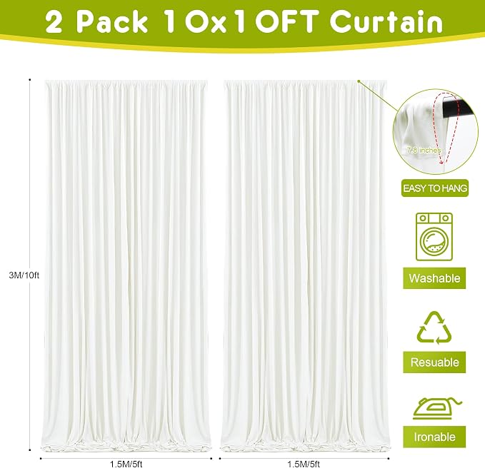 Ivory Backdrop Curtain for Parties Backdrop Drapes, 2Pack 10x10FT | Wrinkle Free Polyester Curtain Backdrop Draping Fabric for Backdrop Photoshoot Birthday Party Background, 4 Panel 5x10FT - Image 2