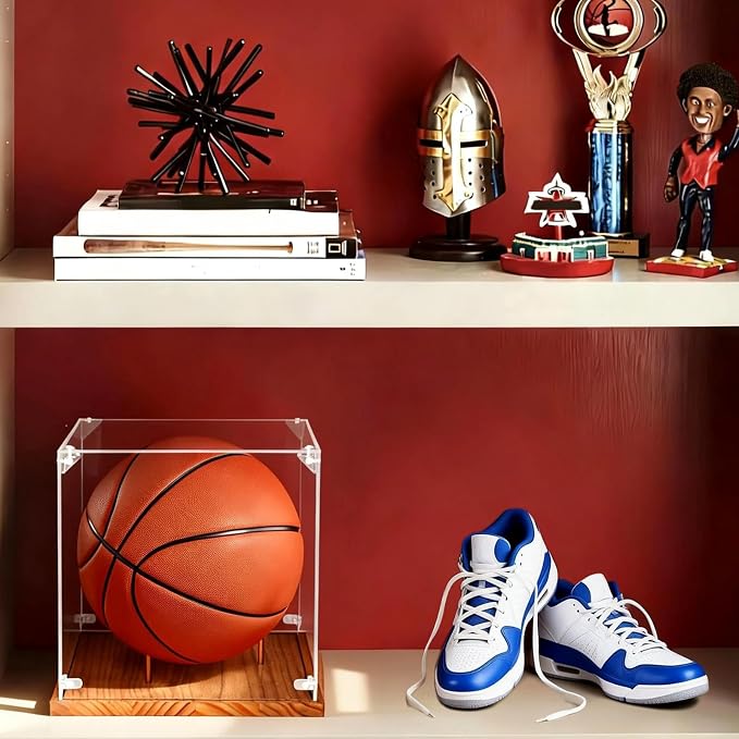 Clear Acrylic Basketball Display Case with Wood Base & Tee, Memorabilia Stand Cube Holder, Dust Protection Transparent Storage Box for Single Ball Souvenir Basketball Collections - Image 5