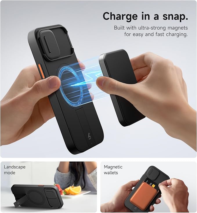 SURITCH for iPhone 12/12 Pro Case with Magnetic Camera Slide Cover and Adjustable Kickstand, Compatible with MagSafe, Shockproof Bumper Case Slim Protective Cover for iPhone 12/12 Pro 6.1 Inch, Black - Image 3