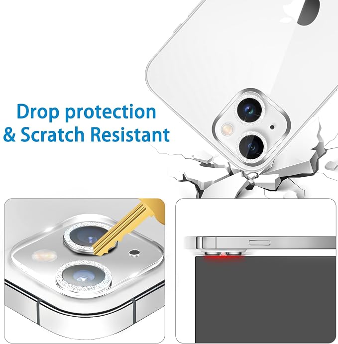 Dengduoduo 3 Pack Tempered Glass Camera Lens Protector for iPhone 15 6.1" & for iPhone 15 Plus 6.7",Bling Glitter, Ultra HD, 9H Hardness, Anti-Scratch, Case Friendly [No Affect on Night Shots]-Silver - Image 5