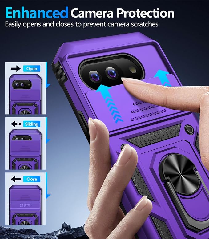 Taisairu for Google Pixel 10A Case with Screen Protector & Slide Camera Lens Cover,Built-in 360°Rotate Magnetic Ring Stand Shockproof Protective Phone Case for Google Pixel 10A Case (Purple) - Image 7
