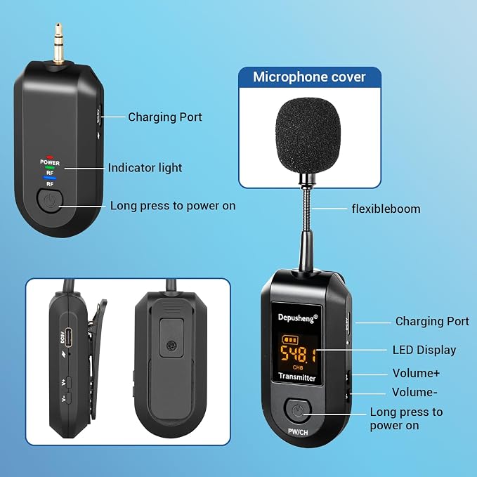 Depusheng 2.4G Wireless Microphone Headset,Lavalier and Handheld Mic 160ft Range,with 1/8''&1/4'' Plug for PA System,Voice Amplifier (One lavalier Microphone) - Image 3