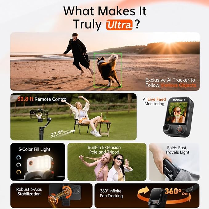 hohem iSteady V3 Ultra Gimbal Stabilizer for iPhone,Gimbal with AI Tracking | Fill Light,Built-in Extendable Rod & Tripod,Detachable Remote Control,Stabilizer for Vlog,TikTok (White) - Image 2