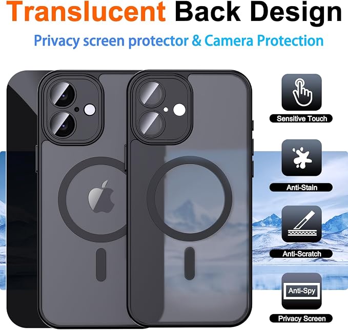 for iPhone 16 Case with Privacy Screen Protector, Black | Full Camera Protection, Matte Translucent, Magnetic, Compatible with MagSafe, Shockproof Phone Cover, Slim Fit - Image 2
