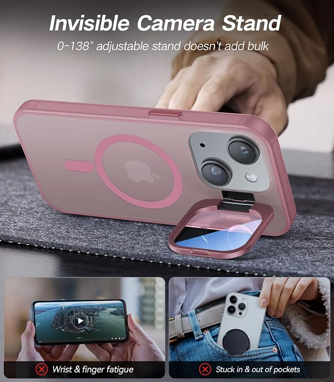 VOFATA for iPhone 14 Plus Case with Camera Cover Stand [Built-in 9H Camera Lens Protector][Fit for Magsafe] Military Grade Shockproof Translucent Matte Magnetic Phone Case 6.7",Pink - Image 4