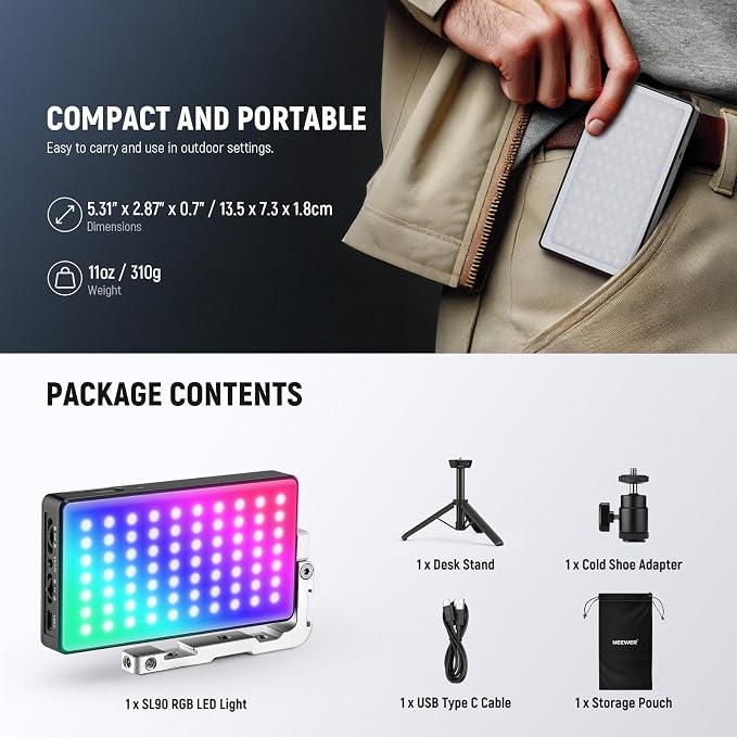 NEEWER 12W RGB Video Light, On Camera LED Panel Key Lighting for Streaming Selfie, 2500K-10000K CRI97+ App/2.4G Control 4300mAh Battery Desk Tripod Stand for Vlogging Video Recording Podcast, SL90 - Image 9
