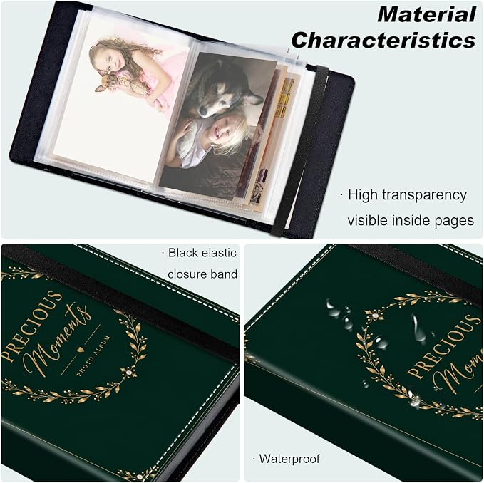 DEGDFSGR 4x6 Small Photo Album, 60 Pockets Holds 120 Photos | Slip-in pockets, black elastic band, portable for family, wedding, baby, travel photos, Vintage Frame Gold Laurel Wreath - Image 5