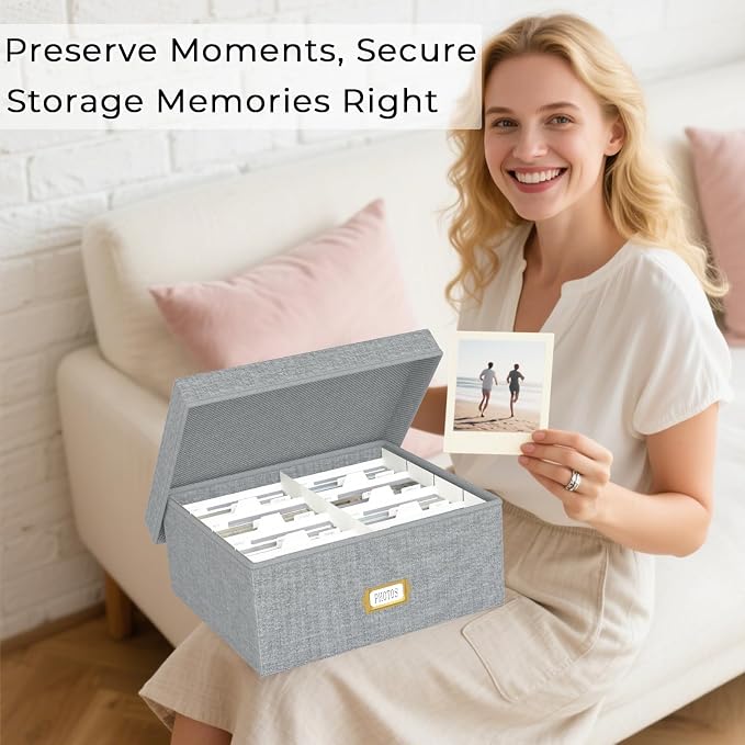 Decorative Photo Storage Box, Linen Photo Box Holds 1700 4x6 Pictures Grey | Photo Storage Containers with 8 Dividers, Memory Keepsake Organizer for Photos, Scrapbook Supplies, Cards, Stamps,Archive Box - Image 5