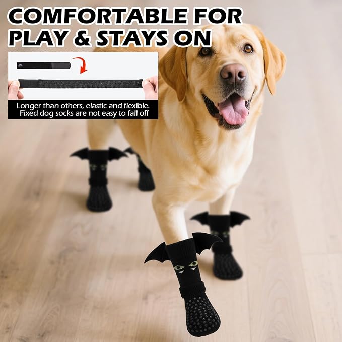EXPAWLORER Halloween Anti Slip Dog Socks to Prevent Licking Paws, Boots & Paw Protectors with Grippers,Doggie Booties for Hardwood Floors for Small Medium Large Senior Dogs Costume Black Devil Wings L - Image 7