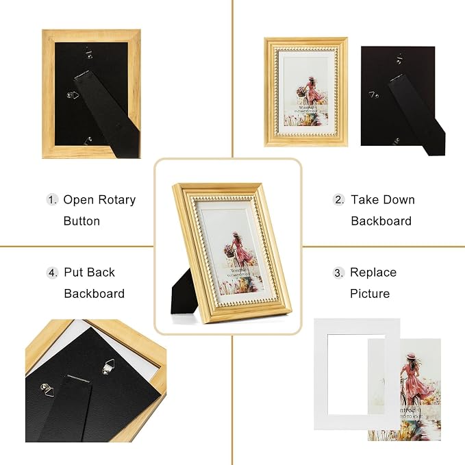 5x7 Picture Frame in Nature with Gold Beaded Border, Pine Wood with Real Glass, Display 5x7 Photos Matted to 4x6, Vertical and Horizontal Desk Tabletop or Wall Hanging - Image 9