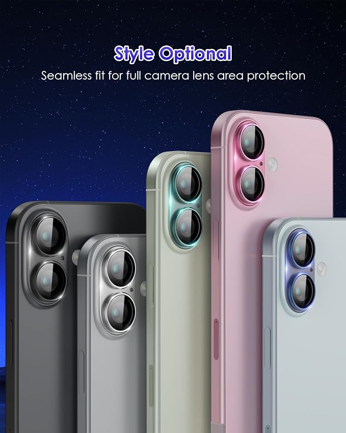 Compatible for iPhone 17 /iPhone 16 /iPhone 16 Plus Camera Lens Protector Metal Plus Aluminium Alloy Ring 9H Tempered Glass Screen Case Friendly Camera Cover Black - Image 8