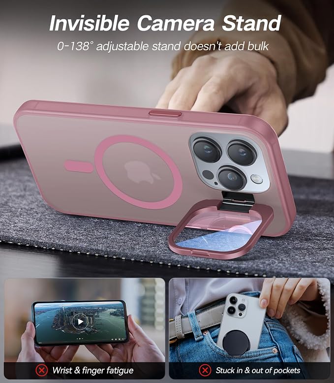 VOFATA for iPhone 13 Pro Case with Camera Cover Stand [Built-in 9H Camera Lens Protector][Fit for Magsafe] Military Grade Shockproof Translucent Matte Magnetic Phone Case 6.1" Pink - Image 3