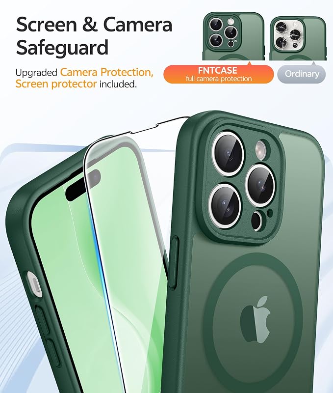 FNTCASE for iPhone 15 Pro Max Case, Fit for Magsafe, Glass Screen Protector | Full Camera Protection, Translucent Matte, 14FT Military Grade Drop Proof, Shockproof Protective Phone Cover, Green - Image 4