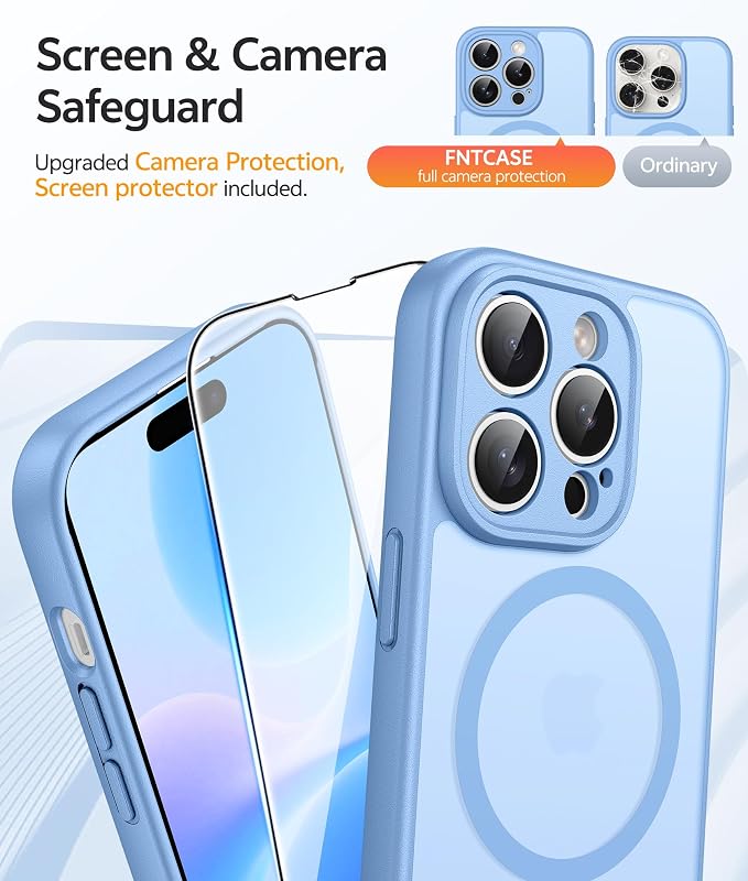 FNTCASE for iPhone 14 Pro Max Case, Fit for Magsafe, Glass Screen Protector | Full Camera Protection, Translucent Matte, 14FT Military Grade Drop Proof, Shockproof Protective Phone Cover, Light Blue - Image 4