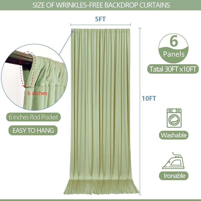 ESGOTBME 30x10ft Wrinkle Free Sage Green Backdrop Curtain for Parties Soft Fabric Drapes Wedding Curtain Backdrop for Birthday Party Decorations Background for Photography 5x10ft, 6 Panels - Image 4