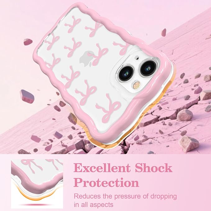 QLTYPRI for iPhone 13 Pink Bow Case, Clear Cute Pink Ribbon Bow Phone Case Curly Wavy Aesthetic Phone Cover, Soft Slim Transparent TPU Shockproof Protective Cover for Women Girls - Ribbon Bow - Image 4