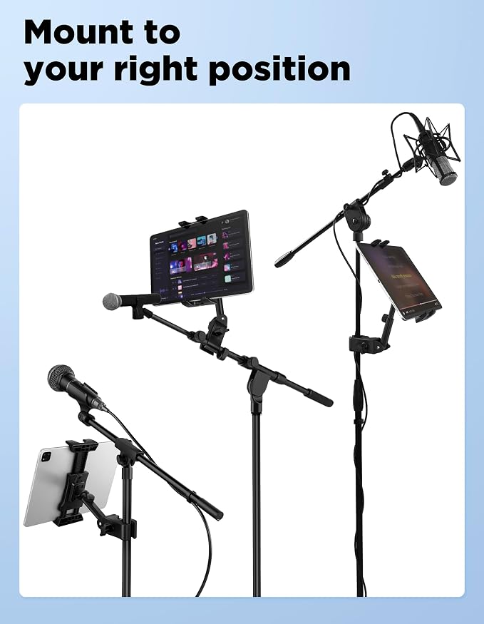Tablet Holder for Microphone Stand with Power Bank Clip, iPad Music Stand | 360° Adjustable Spring-Loaded Clip Clip-on Phone Mount for Sheet Music Stand, Fits Devices Screen Size from 4.7 to 13.5” - Image 8