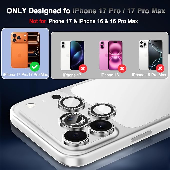 Meshine for iPhone 17 Pro/17 Pro Max Camera Lens Protector,Scratch Proof,Strong Adsorption,9H Hardness with Metal Ring Camera Cover,Ultra Thin Case Friendly, Accessories Lens Protector,Shiny Black - Image 2