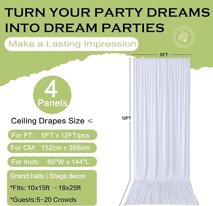 20x12 ft White Backdrop Curtains for Weddings Parties, Birthdays and Photos | 4 Panels 5x12 ft, Wrinkle-Free Polyester Drapes, Washable, Ironable, 4 in Rod Pocket for Baby Showers Photography Background - Image 8