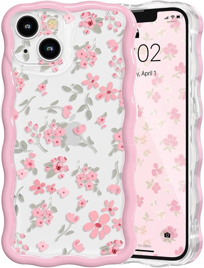 QLTYPRI for iPhone 15 Pink Flower Case, Clear Cute Pink Floral Flower Phone Case Curly Wavy Aesthetic Phone Cover, Soft Slim Transparent TPU Shockproof Protective Cover for Women Girls - Pink by QLTYPRI