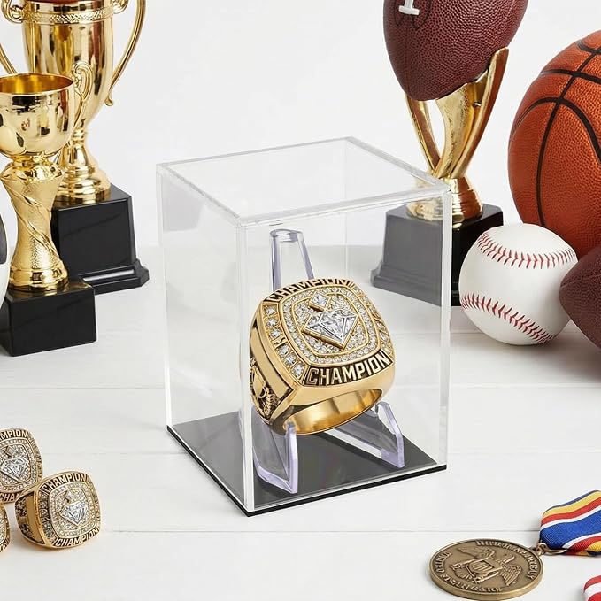 Clear Acrylic Championship Ring Display Case with Black Base, Memorabilia Stand Cube Holder, Dust Protective Transparent Storage Box for Single Rings Souvenir Ring Collections - Image 5