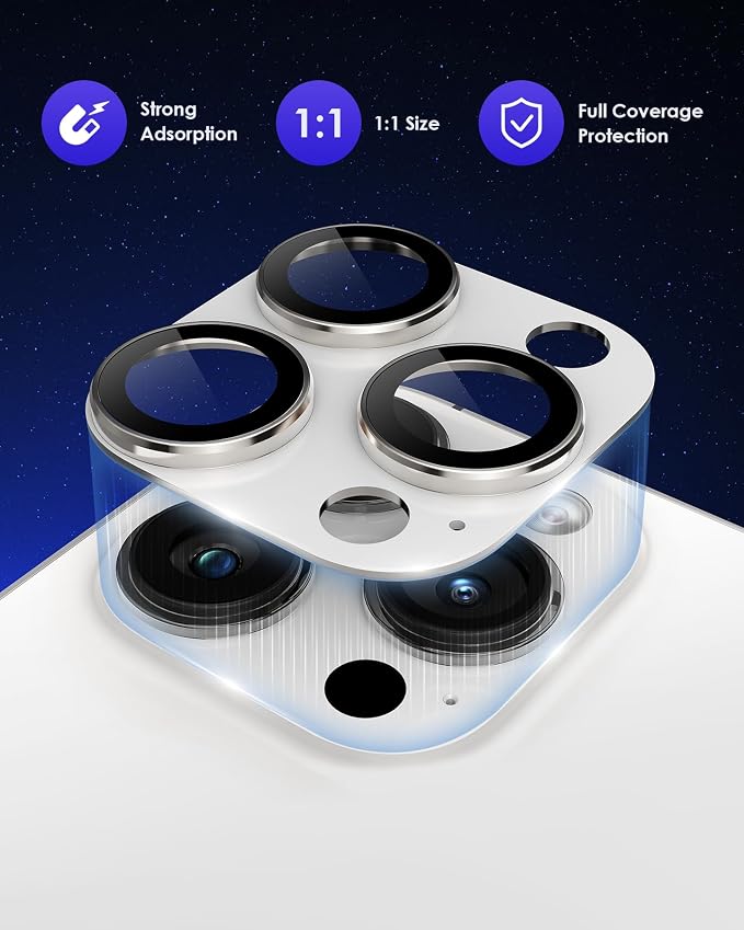 Compatible for iPhone 15 Pro/iPhone 15 Pro Max Camera Lens Protector [Full Coverage Metal] 9H Tempered Glass Screen Camera Cover Titanium Silver - Image 2