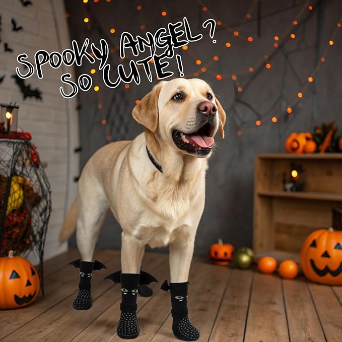 EXPAWLORER Halloween Anti Slip Dog Socks to Prevent Licking Paws, Boots & Paw Protectors with Grippers,Doggie Booties for Hardwood Floors for Small Medium Large Senior Dogs Costume Black Devil Wings L - Image 2