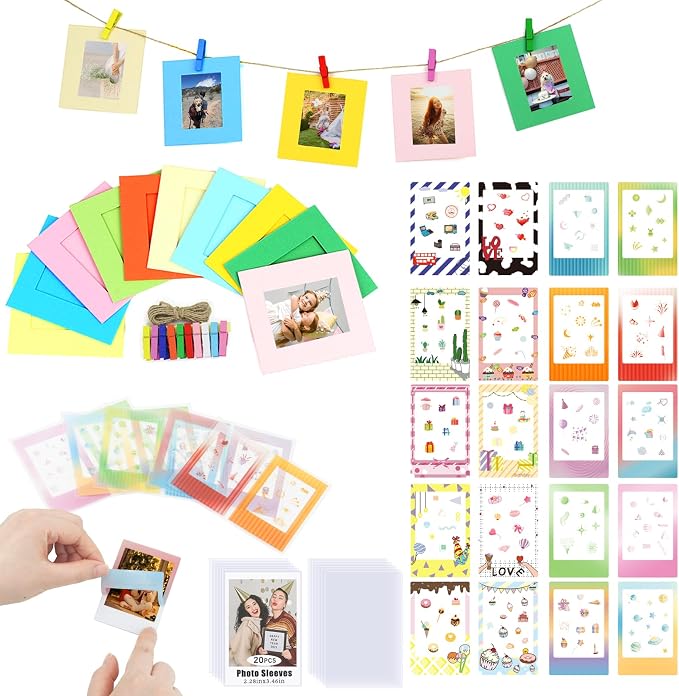 2x3 Picture Hanging Paper Frames with Stickers for Instax Mini Films | 20 Frames with Clips & String, 20 Border Stickers, 20 Photo Protector Perfect for 54x86mm Polaroid Mini Photo,Colorful & Cute by Unknown