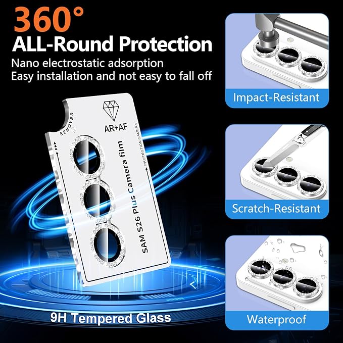 for Samsung Galaxy S26 Plus Camera Lens Protector, Individual Metal Ring Tempered Glass Lens Cover, [Strong Adsorption] Scratch Resistant Ultra-Thin HD Clear Lens Cover, 1 Set-Slivery Diamond - Image 2