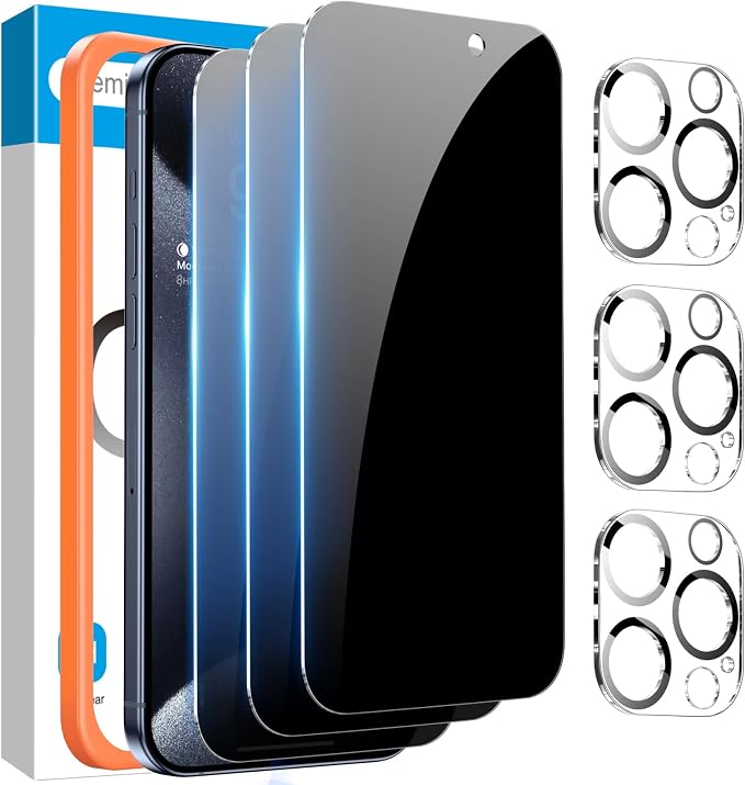 Fotbor [3+3 Pack for iPhone 15 Pro MaxPrivacy Screen Protector & Camera Lens Protector,Privacy 15 Pro Max,Anti Spy Private Tempered Glass Easy Installation Kit 6.7 Inch Accessories,Black (D-1) by Fotbor