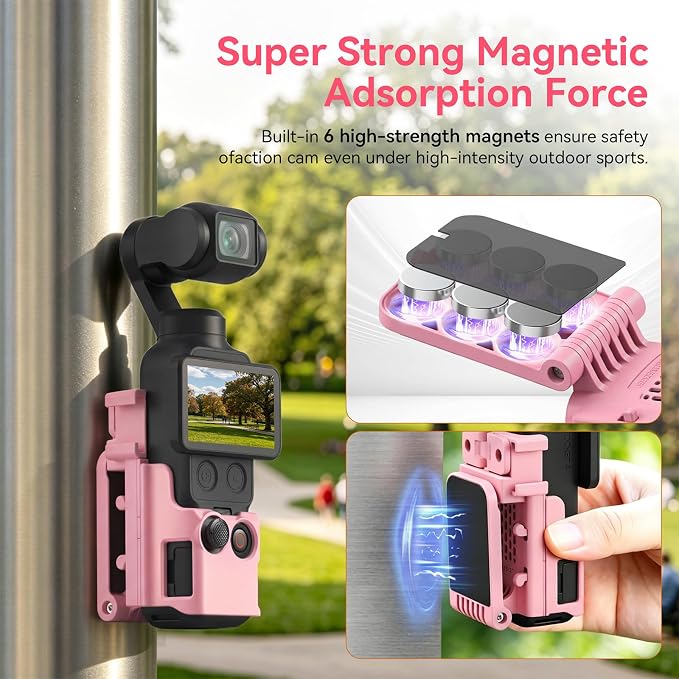 AMAZEAR Magnetic Mount Stand Compatible with DJI Osmo Pocket 4P/4/3/Xtra Muse, Pocket4 Accessories Adapter Clamp Magnet Suction Case Holder on Desktop/Vertical Surface, 180° Adjustable Handle, Pink - Image 3