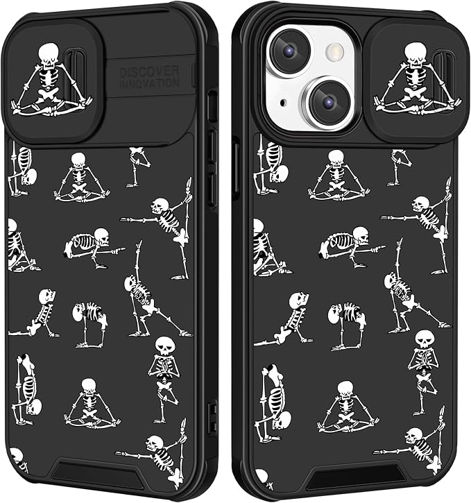 Phone Cover Case for iPhone 12 6.1'' Cool Black | 2in1, Skull, Skeleton, Yoga Ghost, Horror Design, Slide Camera Cover, Protective, Funny Pattern, Teen Cases by Goocrux