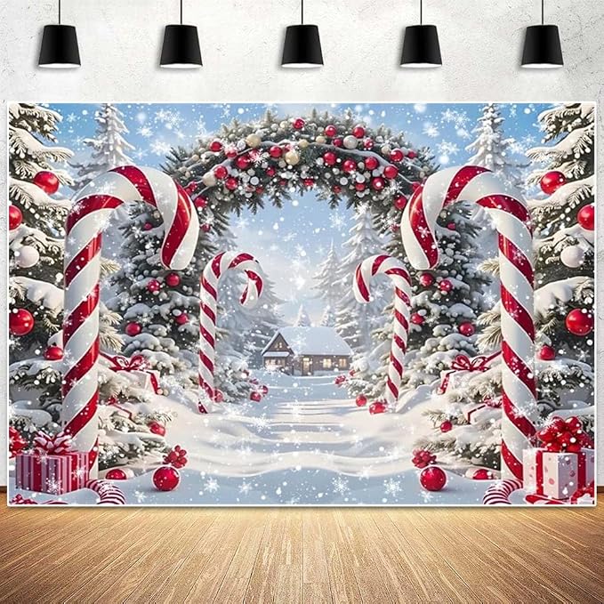 Winter Christmas Cane Candy Photography Backdrop 10x6.5ft Xmas Snow Scene Christmas Tree Background New Year Eve Party Decorations Banner Winter Holiday Photo Studio Props Vinyl - Image 6