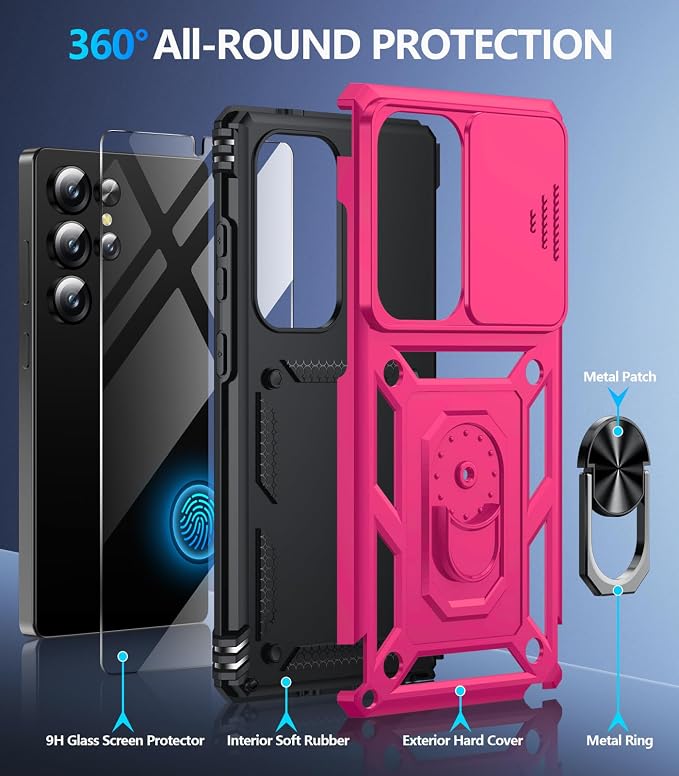 Taisairu for Samsung Galaxy S25 Ultra Case with Screen Protector & Slide Camera Lens Cover, Built-in Magnetic Ring Stand Shockproof Protective Phone Case for Samsung S25 Ultra Case (Hot Pink) - Image 2