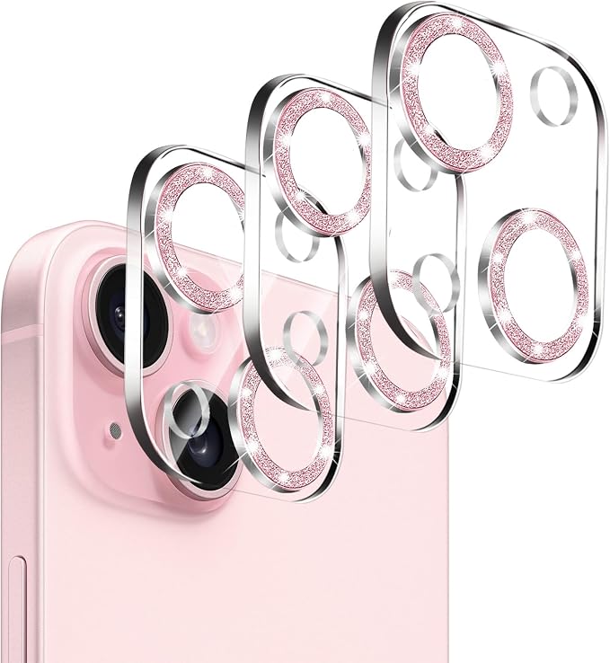 Dengduoduo 3 Pack Tempered Glass Camera Lens Protector for iPhone 15 6.1" & for iPhone 15 Plus 6.7", Bling Glitter, Ultra HD, 9H Hardness, Anti-Scratch, Case Friendly, Easy to Install by Dengduoduo