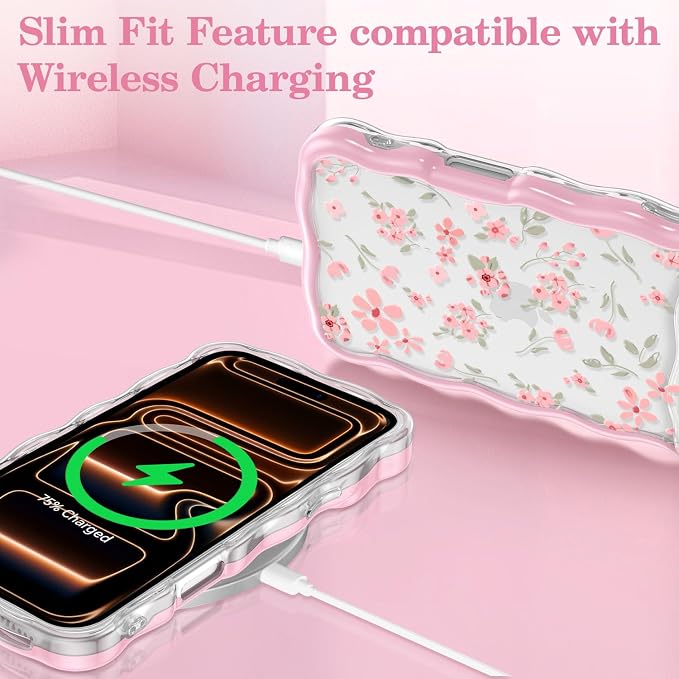 QLTYPRI for iPhone 17 Pro Max Pink Flower Case, Clear Cute Pink Floral Flower Phone Case Curly Wavy Aesthetic Phone Cover, Soft Slim Transparent TPU Shockproof Protective Cover for Women Girls - Pink - Image 5