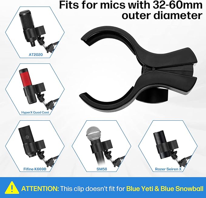 Large Microphone Clip for Mics with Outer Diameter 1.26" to 2.3" | Adjustable Mic Holder, Premium ABS, Inside sponge to protect microphones, With 5/8" Male to 3/8" Female Screw Adapter - Image 6