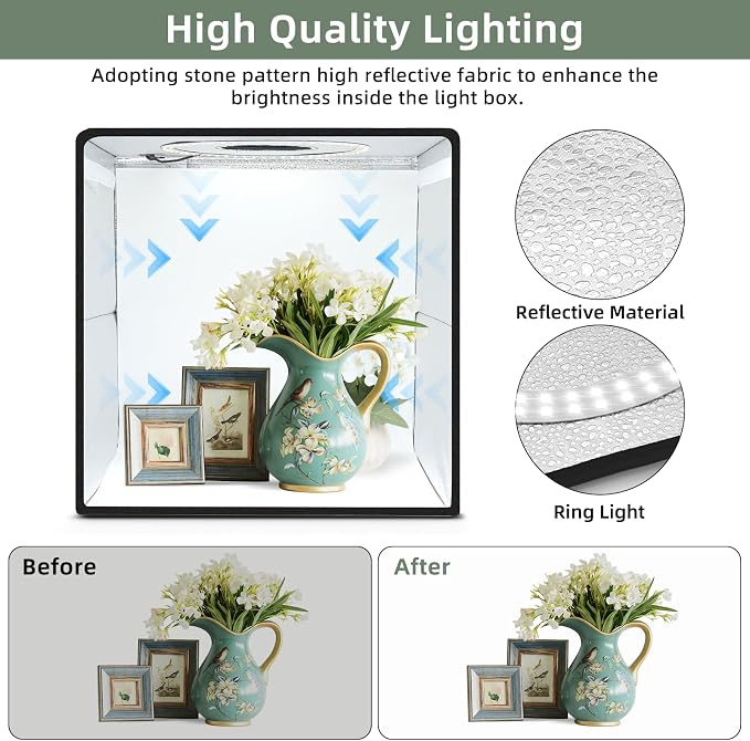 Lightdow 24"x24"x24" Photo Studio Light Box Photography with 300 LEDs(CRI>95) & Type-C Plug(35W)+Cable,6 Backdrops-Portable/Dimmable Folding Shooting Tents for Toys/Jewelry/Bonsai/Bags/Suitcases - Image 6