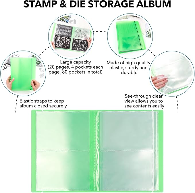 2 Pack Large Sticker Photo Storage Album, Stamp & Cutting Dies Storage Book Organizer Folder for Cards Storage DIY Scrapbooking Card Making Supplies 20 Pages 80 Pockets/Pack (Yellow + Green) - Image 6