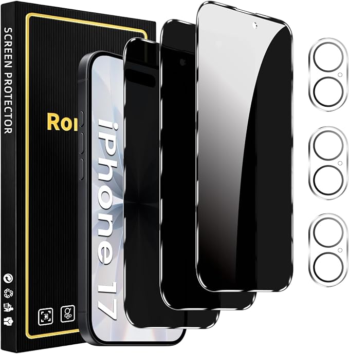 Romkasi 3 Pack Privacy Screen Protector for iPhone 17 6.3 Inch with 3 Pack Camera Lens Protector, Anti Spy Tempered Glass Film, Anti-Scratch, Touch Sensitive, Case Friendly by Unknown