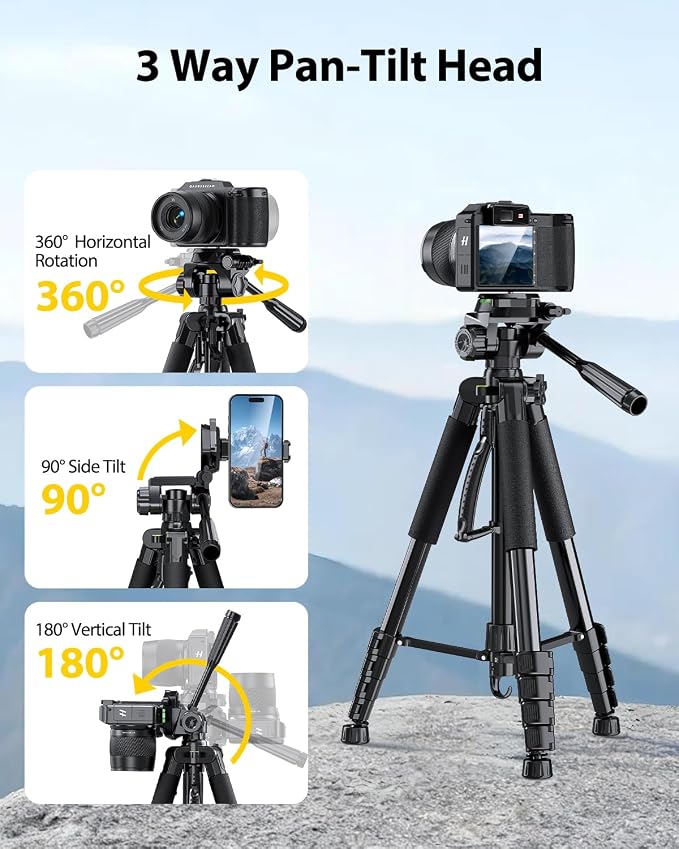UBeesize 67” Camera Tripod with Travel Bag, Cell Phone Tripod with Bluetooth Remote and Phone Holder, Compatible with All Cameras, Cell Phones, Projector, Webcam, Spotting Scopes - Image 4