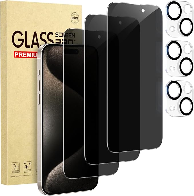 3 Pack Privacy Screen Protector for iPhone 15 +3 Pack Camera Lens Protector with Tempered Glass, Touch Sensitive and Case Friendly (iP-15） by Cutebe
