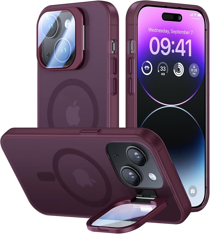 VOFATA for iPhone 15 Plus Case with Camera Cover Stand [Built-in 9H Camera Lens Protector][Fit for Magsafe] Military Grade Shockproof Translucent Matte Magnetic Phone Case 6.7"，Red by VOFATA