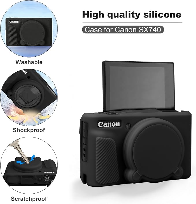 BOVKE Hard Case + Silicone Cover for Canon PowerShot SX740 HS Camera, Black | SX740 SX730 Digital Camera Shockproof EVA Storage Bag & Soft Silicone Protective Case with Removable Lens Cover, Wrist Strap - Image 4