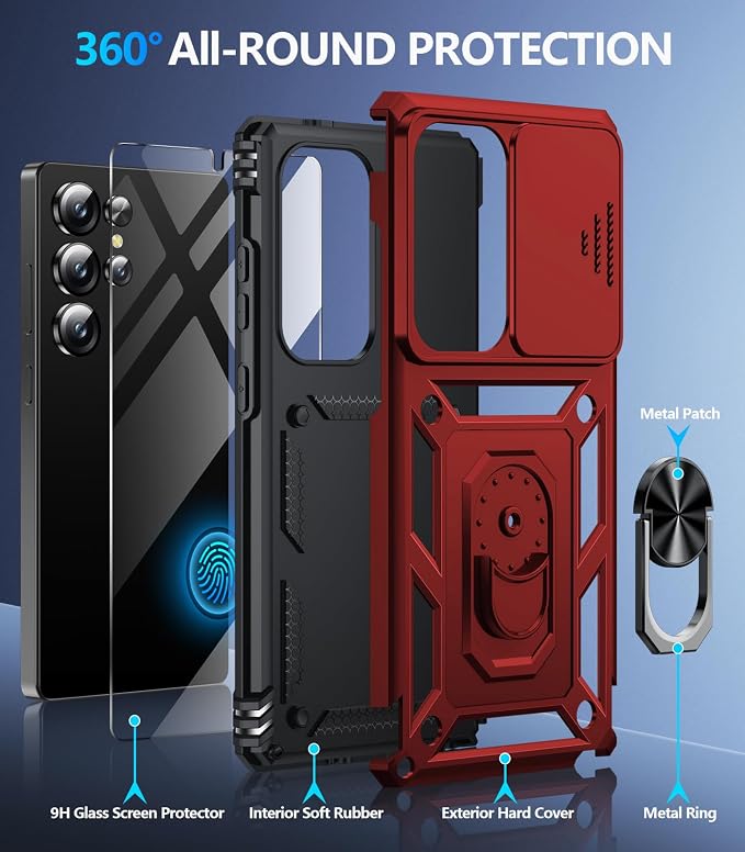 Taisairu for Samsung Galaxy S26 Ultra Case with Screen Protector & Slide Camera Lens Cover, Built-in Magnetic Ring Stand Shockproof Protective Phone Case for Samsung S26 Ultra Case (Red) - Image 2
