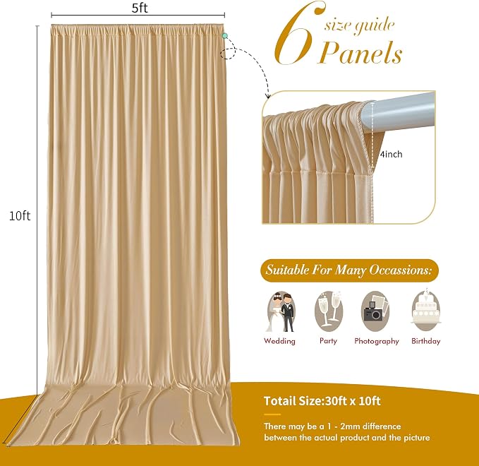 30 ft x 10 ft Wrinkle Free Champagne Backdrop Curtain for Parties, 6 Panels 10ft Polyester Champagne Photo Backdrop Drapes for Graduation Birthday Wedding Party Stage Curtains - Image 7
