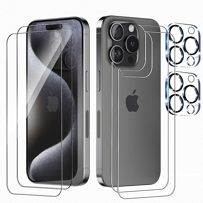 Front and Back Protector for iPhone 15 Pro Max + Camera Lens Protector | (2+2+2) 9H Hardness, Easy to Install with Alignment Tool,Case Friendly by BIGFLYANTS